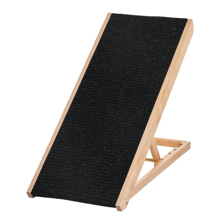 Height-adjustable pet ramp with black carpet grip and light pine side rails