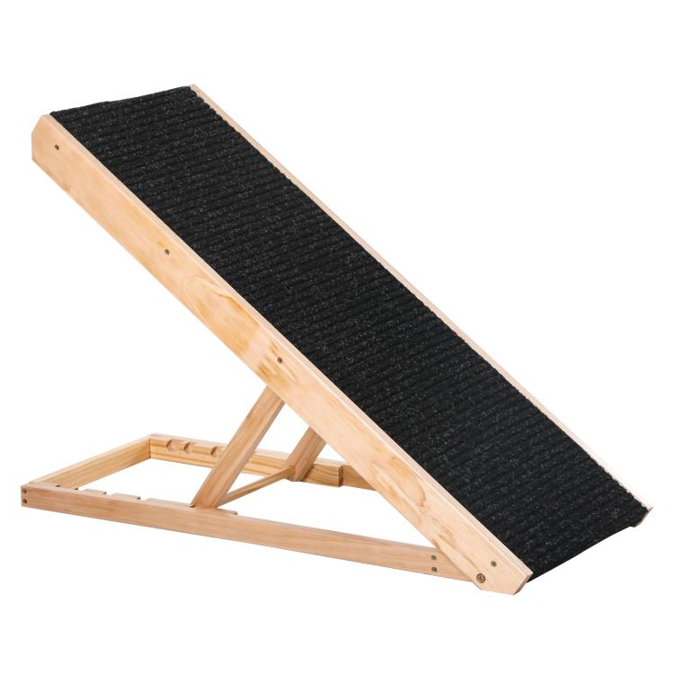 Height-adjustable pet ramp with black non-slip surface and wooden foldable legs
