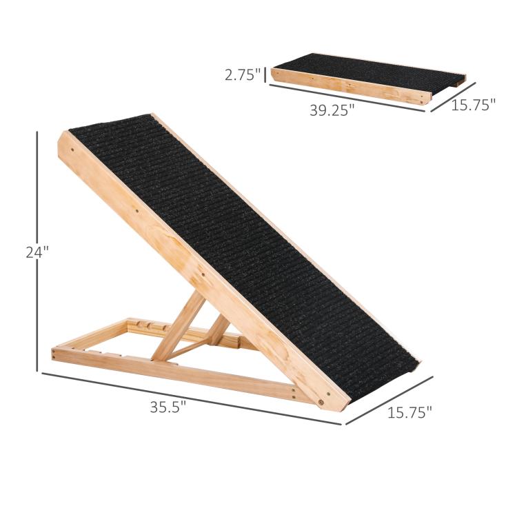 Foldable pet ramp, light pine wood frame with black anti-slip carpet top