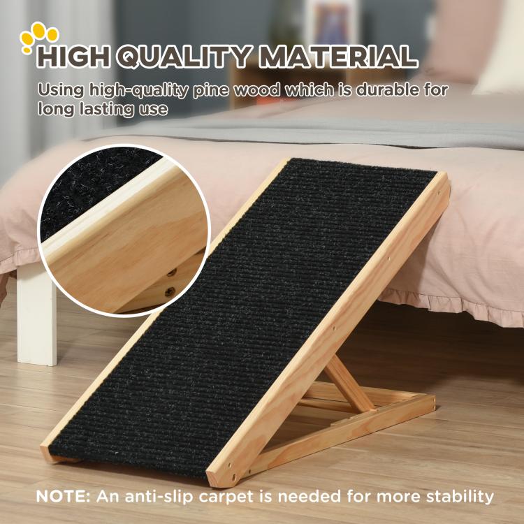 Light pine pet ramp with black non-slip carpet, close view of wood grain