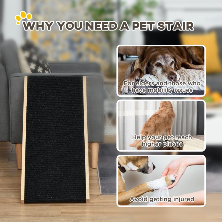 Pet ramp with black non-slip carpet and light pine frame, shown near sofa