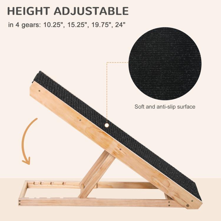 Height-adjustable pet ramp with black anti-slip surface on light pine frame
