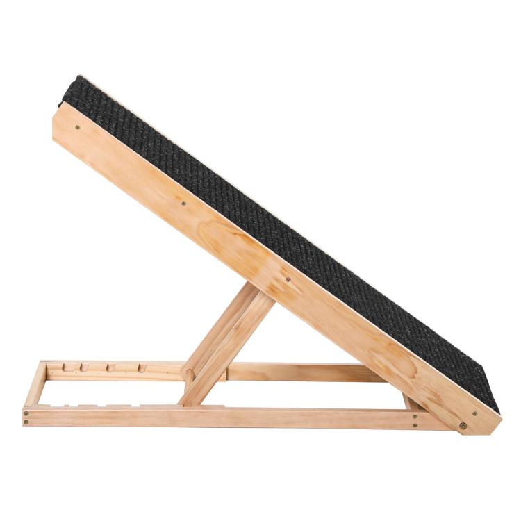 Foldable pet ramp with black carpet tread and light pine wooden support legs