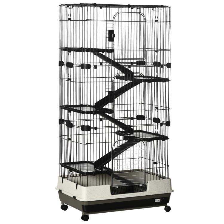 Black wire small animal cage with multi-level ramps and front access door