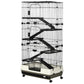 Black rolling small animal cage with multi-level ramps and front tray opening