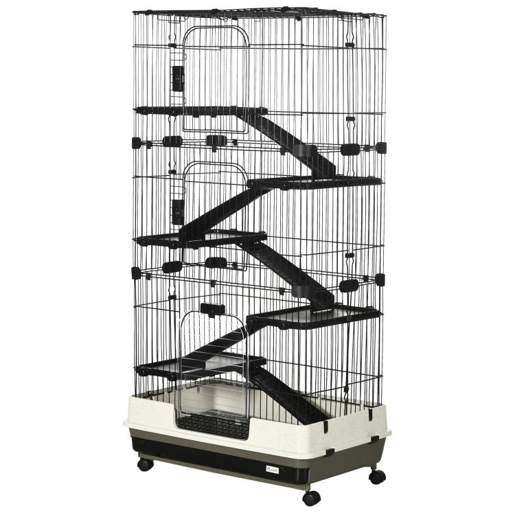 Black rolling small animal cage with multi-level ramps and front tray opening