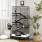 Black wire small animal cage with stacked ramps, arched handle, and base tray