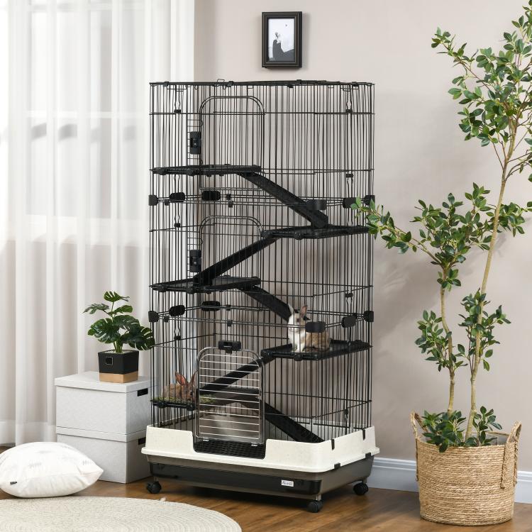 Black wire small animal cage with stacked ramps, arched handle, and base tray