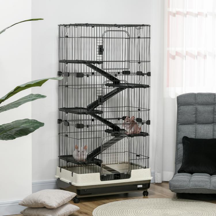 Black wire small animal cage with multi-level ramps, arched door handle, base tray