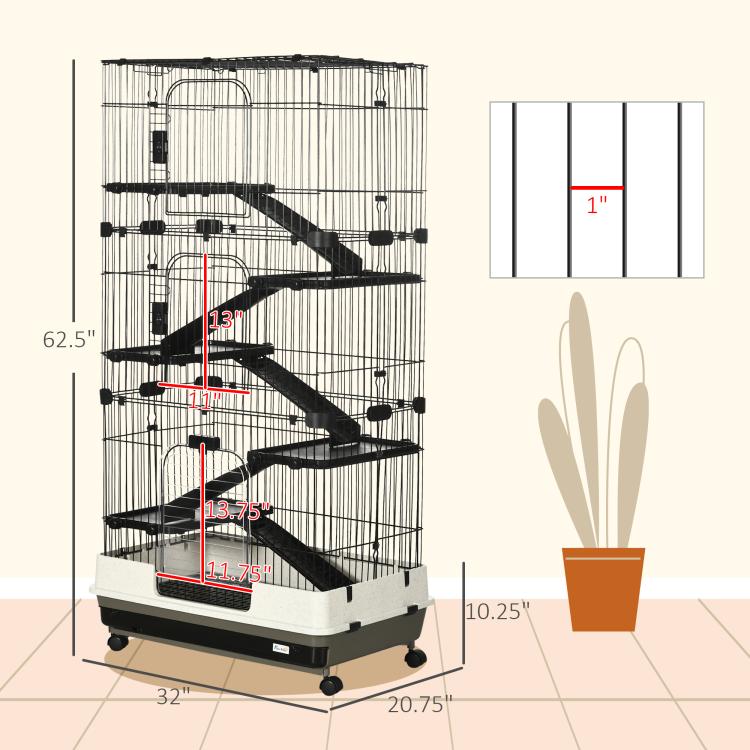 Black small animal cage with ramps, showing measurements on the base