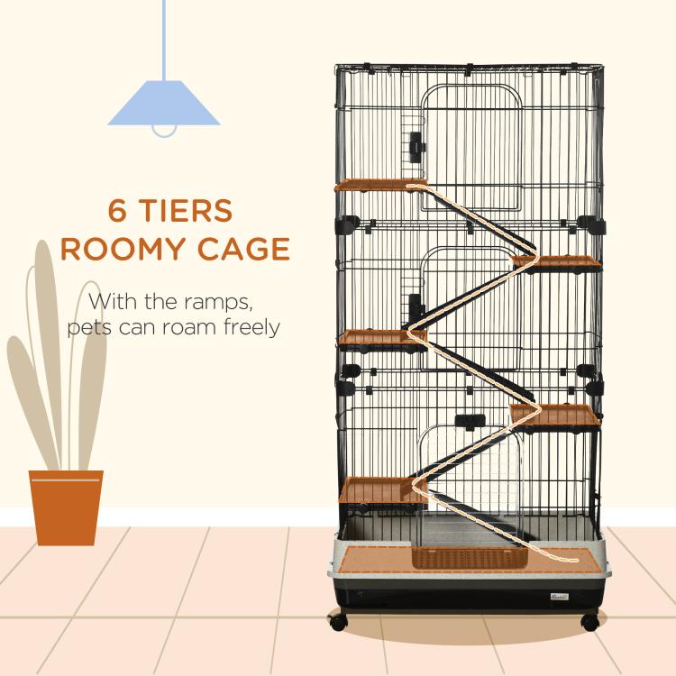 Black wire 6-tier small animal cage with ramps and wheels on a base