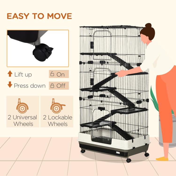 Black rolling small animal cage with multi-level ramps and lockable wheel casters