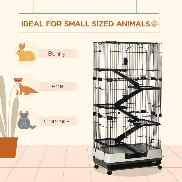 Black small animal cage with stacked ramps and wheeled base for small pets