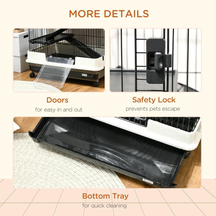 Small animal cage with transparent bottom tray and side doors with safety lock