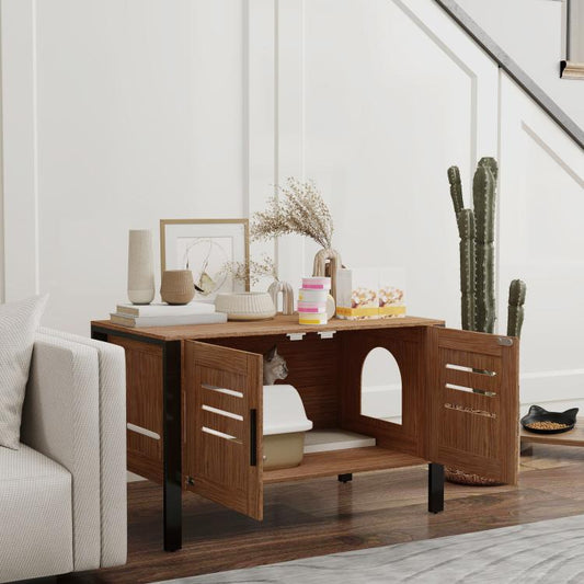 Dark brown cat litter box enclosure with two side doors, cutout opening, and tall legs