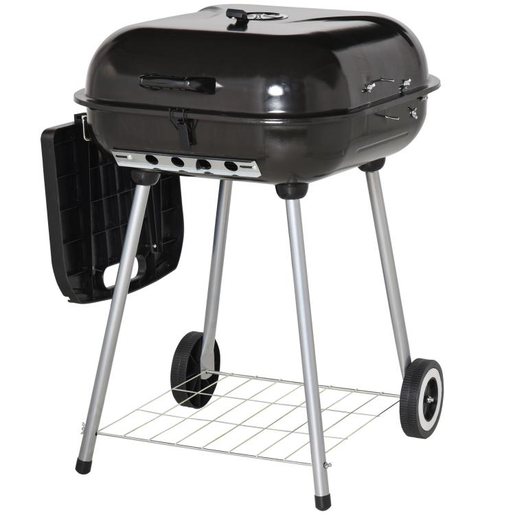 Charcoal barbecue grill with domed lid and side tray, portable wheeled stand