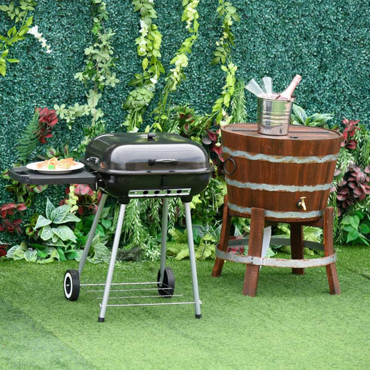 Charcoal barbecue grill on wheeled legs with side shelf and domed lid