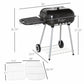 Charcoal barbecue grill with domed lid and wheeled base, shown with size diagram