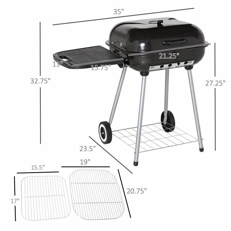 Charcoal barbecue grill with domed lid and wheeled base, shown with size diagram