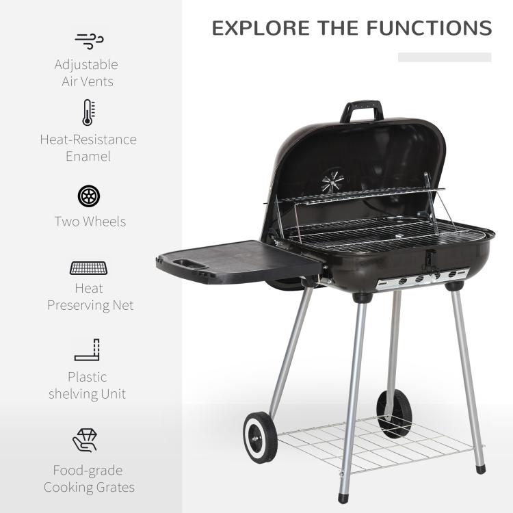 Charcoal barbecue grill with open lid, wire lower shelf, and two front wheels