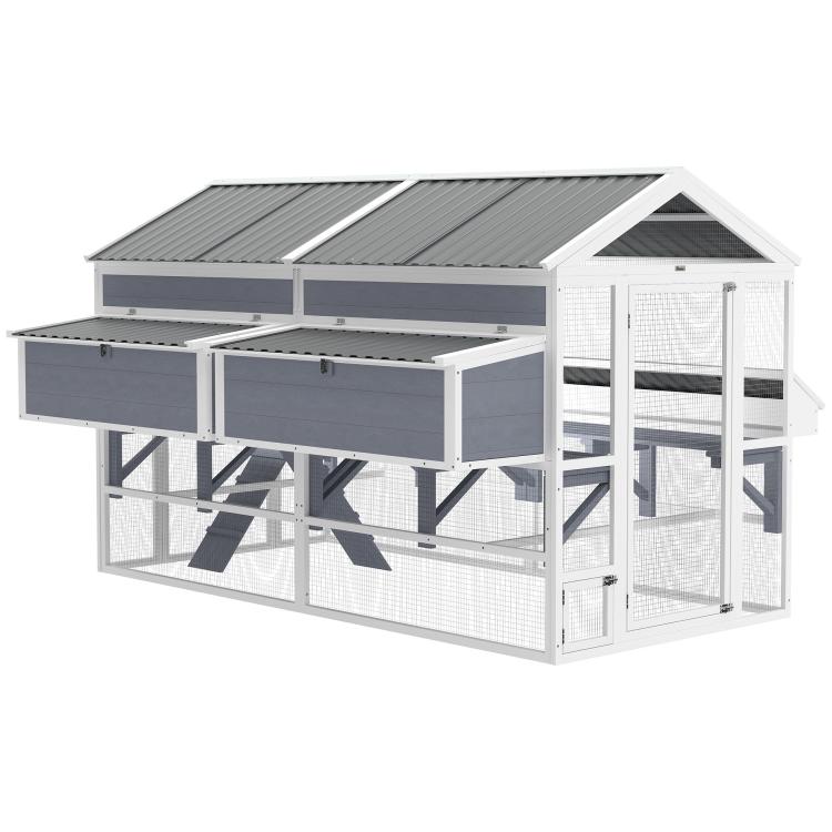 Outdoor chicken coop with open front access, gray drawers, wire nesting area, and roost bars