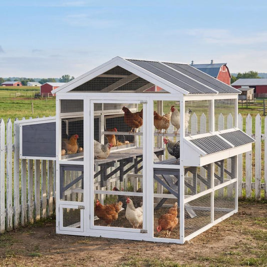 Outdoor chicken coop with white frame and wire panels, gray sloped roof, and raised roosts