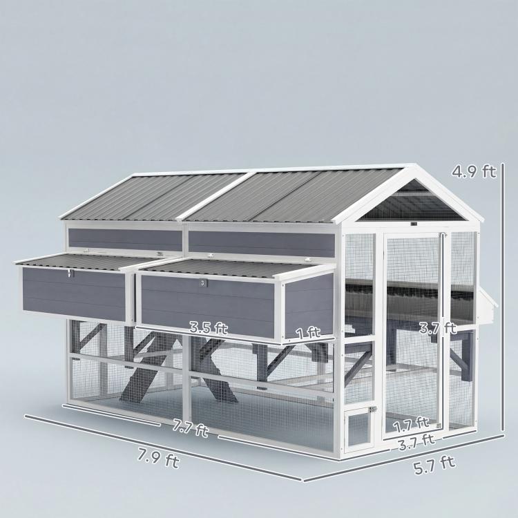 Outdoor chicken coop with dimensions, white frame, wire mesh sides, gray roof, and nesting boxes