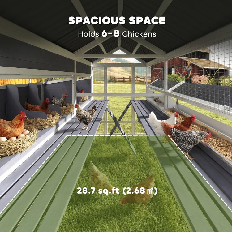 Outdoor chicken coop interior with wire floors, nesting area boxes, and multiple roosting bars