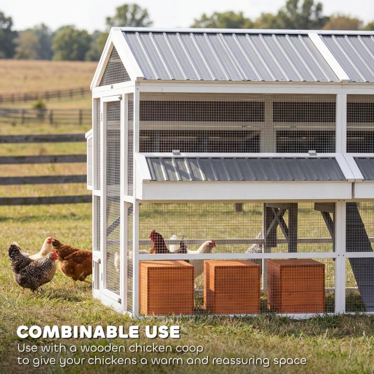 Outdoor chicken coop with white mesh doors, gray roof layers, and two nesting boxes under top deck