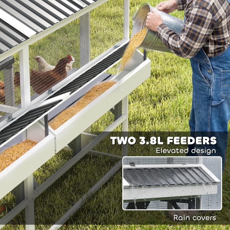 Outdoor chicken coop with elevated feeder area along the ramp and wire side walls