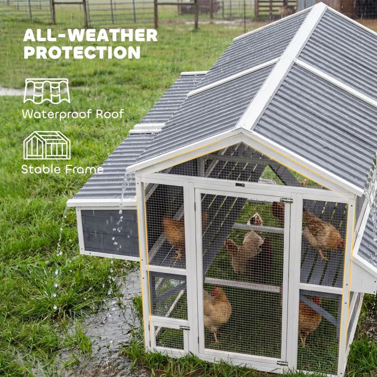 Outdoor chicken coop with waterproof gray roof, white frame, wire enclosure, and side door