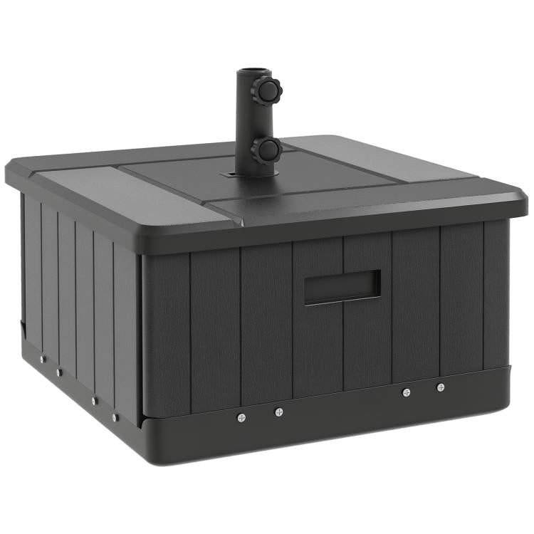 Black outdoor umbrella base with wheels and handle, built-in planter box and umbrella stand
