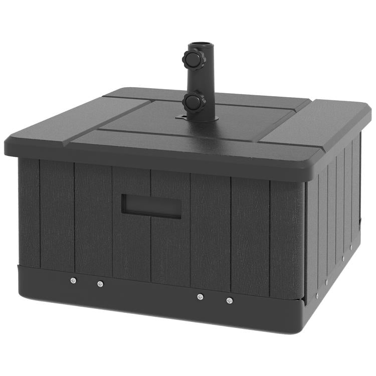 Black umbrella base with umbrella stand and side planter, rectangular outdoor table design