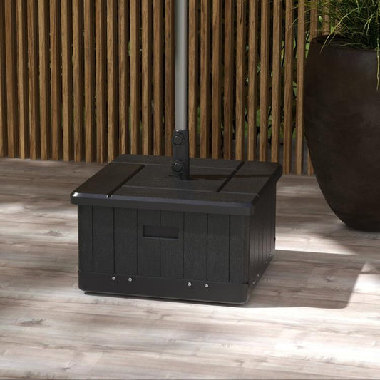 Black umbrella planter base with top umbrella stand and front handle, portable outdoor table