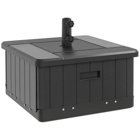 Black outdoor umbrella base with wheels and handle, built-in planter box and umbrella stand