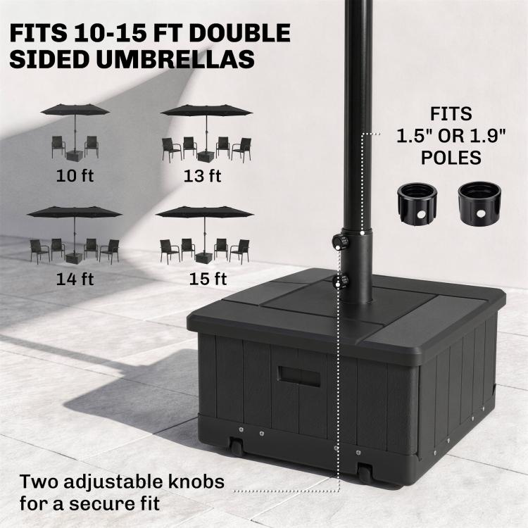 Black umbrella base that fits umbrella poles, with adjustable knobs and rectangular planter top