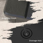 Black outdoor umbrella base with wood-like finish and round drainage hole on base corner