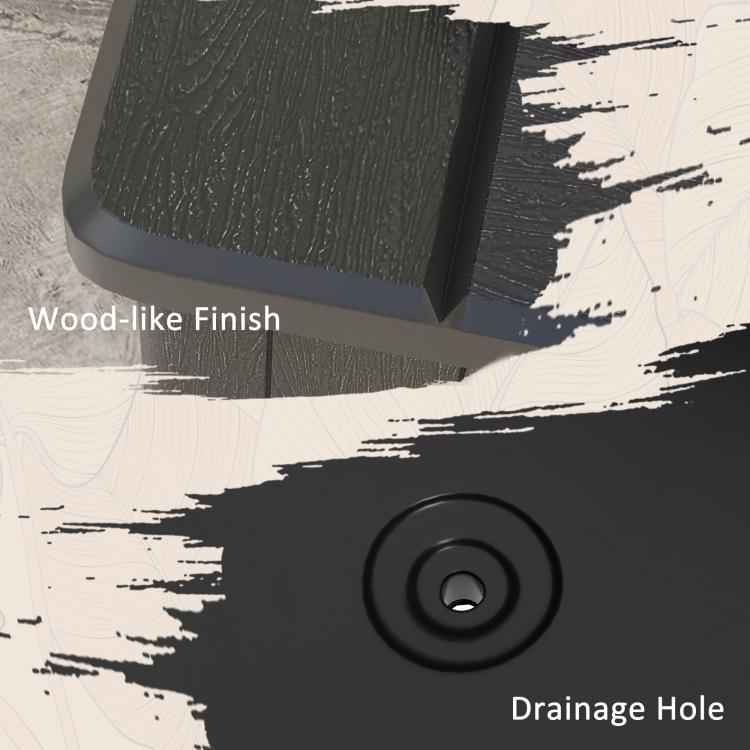 Black outdoor umbrella base with wood-like finish and round drainage hole on base corner