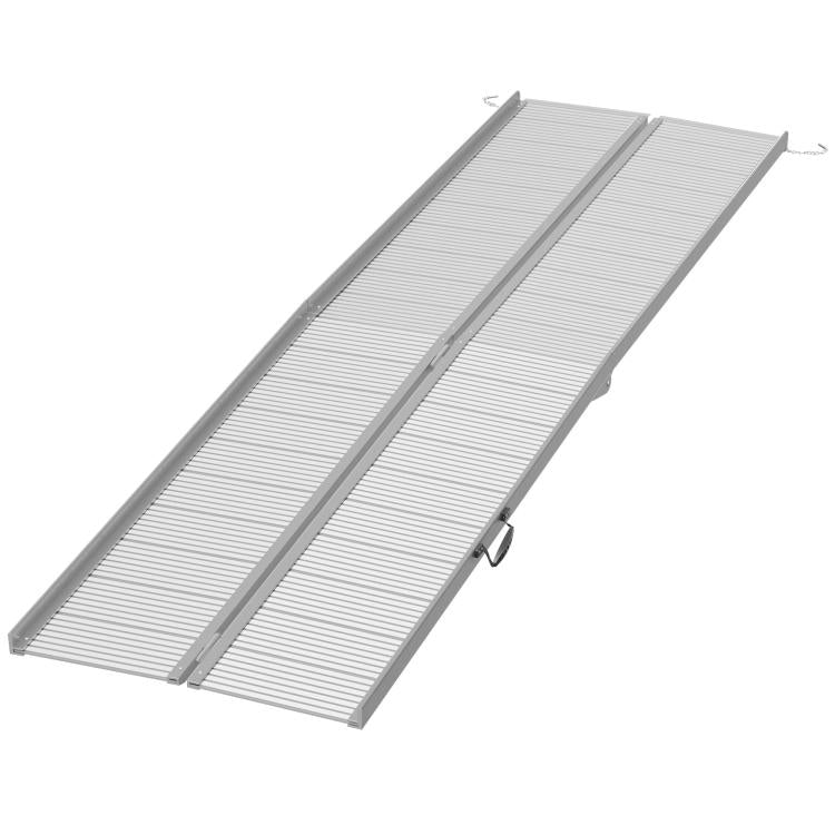 Foldable aluminum wheelchair ramp section with textured silver grip surface and hinge