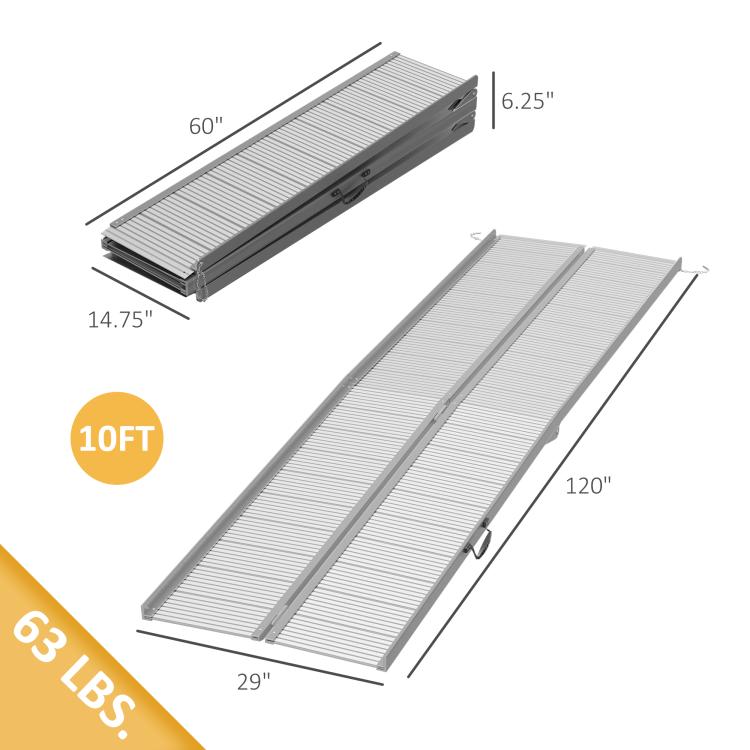 10 ft foldable aluminum ramp with textured silver traction surface and side rails