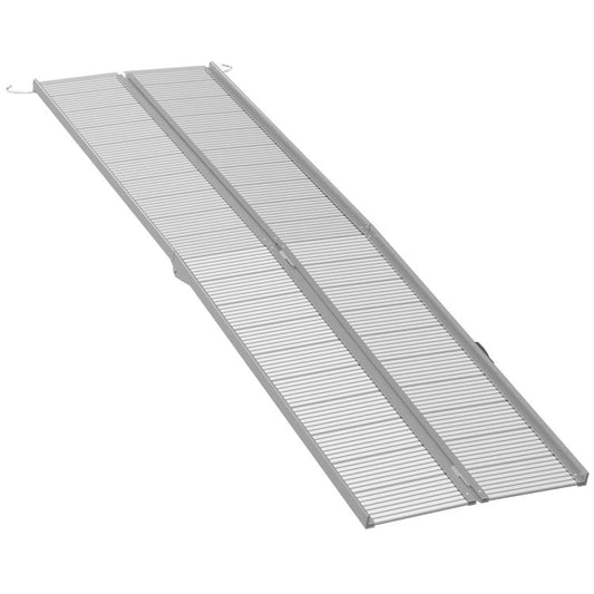 Foldable aluminum wheelchair ramp with textured silver traction surface and side rails