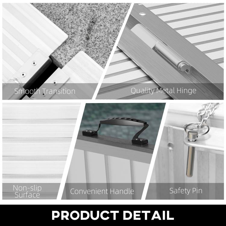 Aluminum ramp detail showing non-slip textured surface, handle, safety pin, and hinge