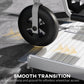 Wheelchair rear wheel on aluminum ramp with textured non-slip traction surface