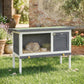Outdoor elevated rabbit hutch with wire-mesh front and dark door, rabbit inside