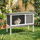 Outdoor elevated rabbit hutch with wire-mesh panel, dark door, and bunny inside
