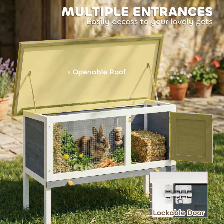 Outdoor elevated rabbit hutch with openable roof and wire-mesh panels