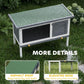 Outdoor elevated rabbit hutch with textured asphalt roof and raised legs