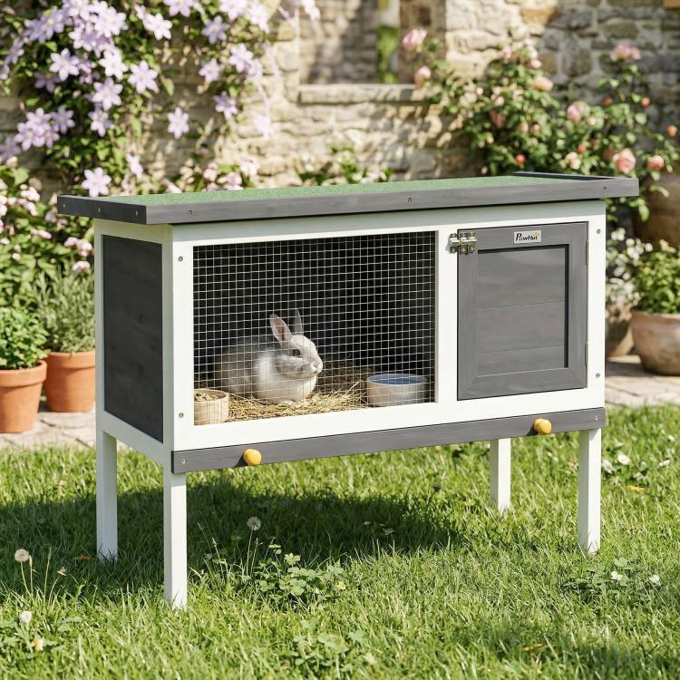 Outdoor elevated rabbit hutch with wire-mesh front and dark door, bunny inside