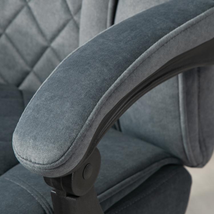 Massage office chair in charcoal gray with padded armrest and side panel detail