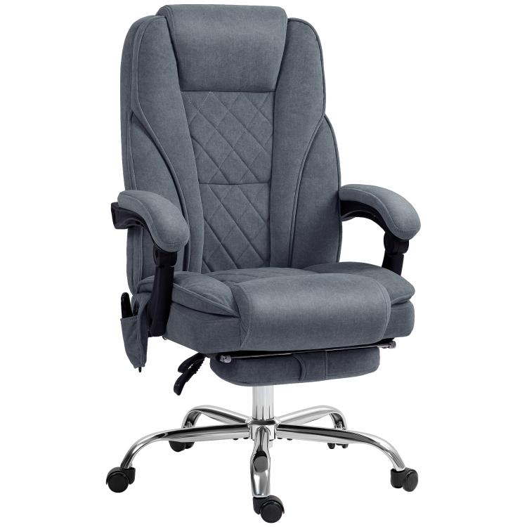 Charcoal gray massage office chair with quilted back, recline armrests, and chrome base